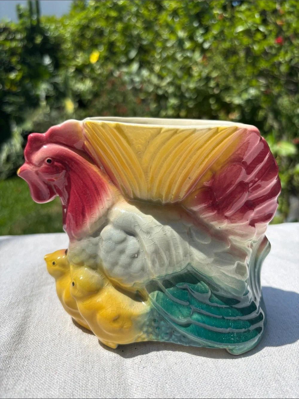 Vintage Hand-Painted Rooster Ceramic Vase in Red, Yellow & Green
